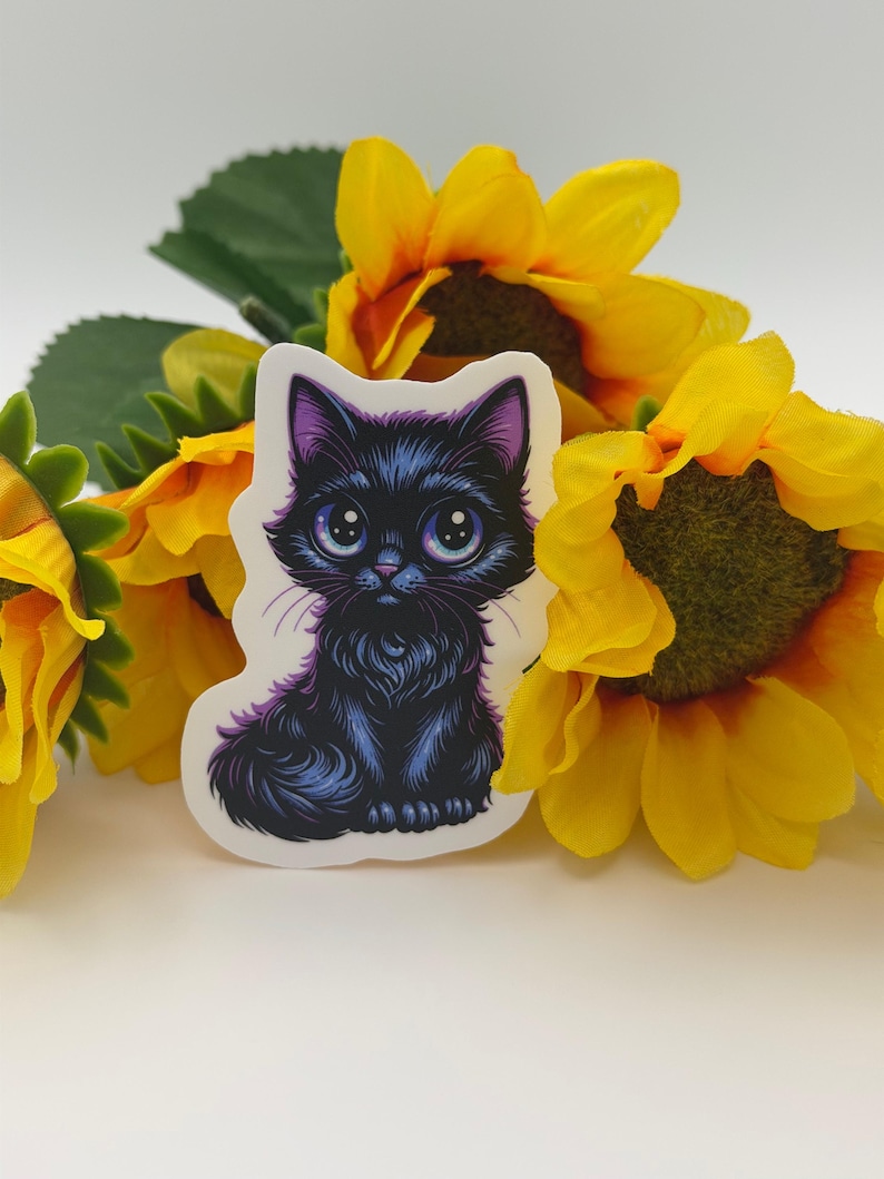 Black Kitten Sticker | Fluffy Cat Vinyl Decal | Gothic Whimsical Art image 1