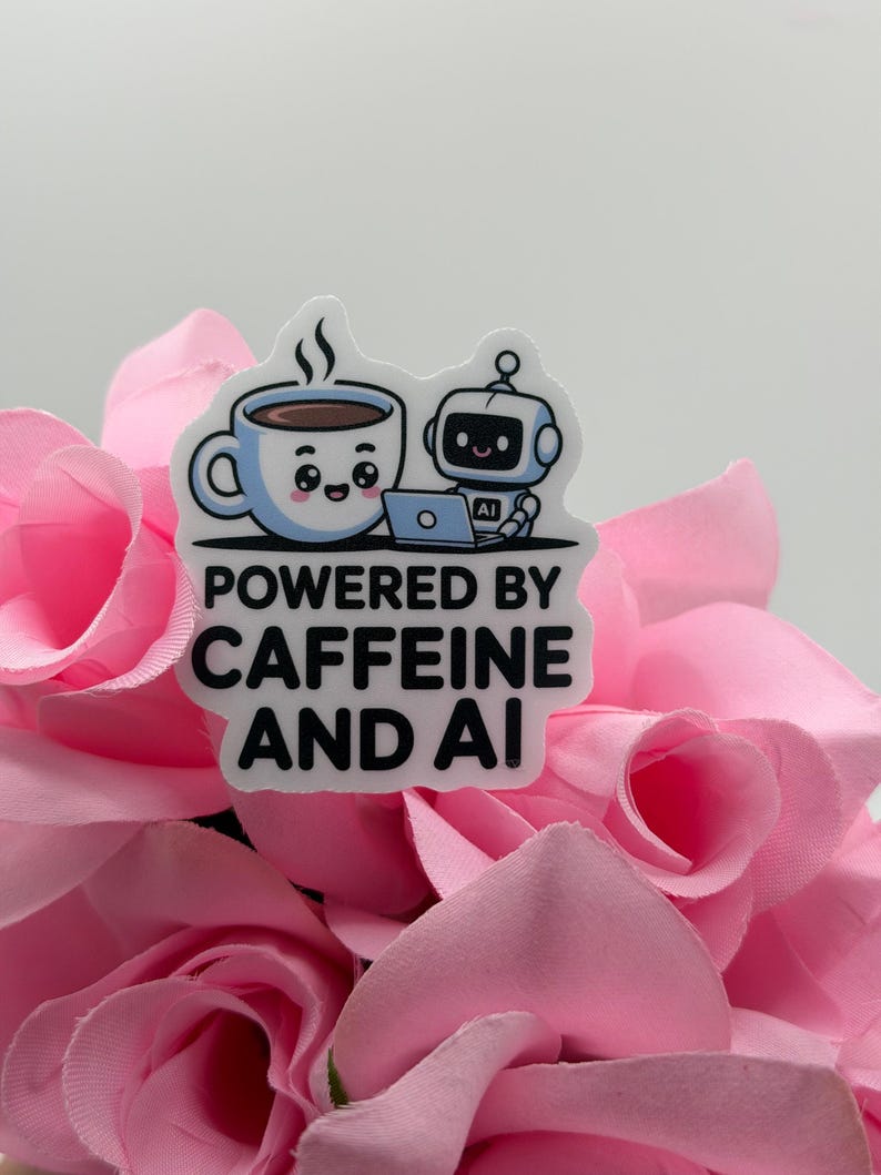 May include: A die-cut sticker featuring a cartoon light blue coffee mug with a smiling face and a small white robot using a laptop. The text reads POWERED BY CAFFEINE AND AI in bold black letters. The design is set against a background of pink roses.