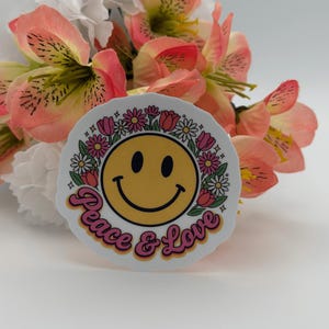 Peace and Love Smiley Face Floral Sticker