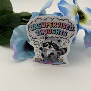 May include: A die-cut sticker featuring a cartoon raccoon sitting in a shopping cart with the text UNSUPERVISED THOUGHTS in a cloud bubble above. The raccoon is gray and white with a black mask, surrounded by small stars, a lightning bolt, and spilled items.