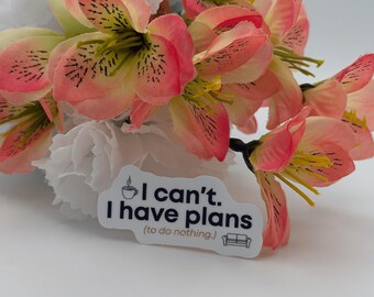 Introverte quote sticker | "Ik kan niet, ik heb plannen" vinyl sticker | Cadeau voor huismus en koffieliefhebber