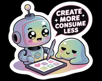 Cute Robot Vinyl Sticker | Create More Consume Less Decal | Kawaii Cyberpunk Art | Gift for Makers Coders