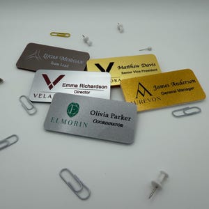 May include: Five rectangular name badges in various metallic finishes including gold, silver, and bronze. Each badge features a company logo, a person's name, and their job title. Scattered around the badges are several metal paper clips and white push pins.