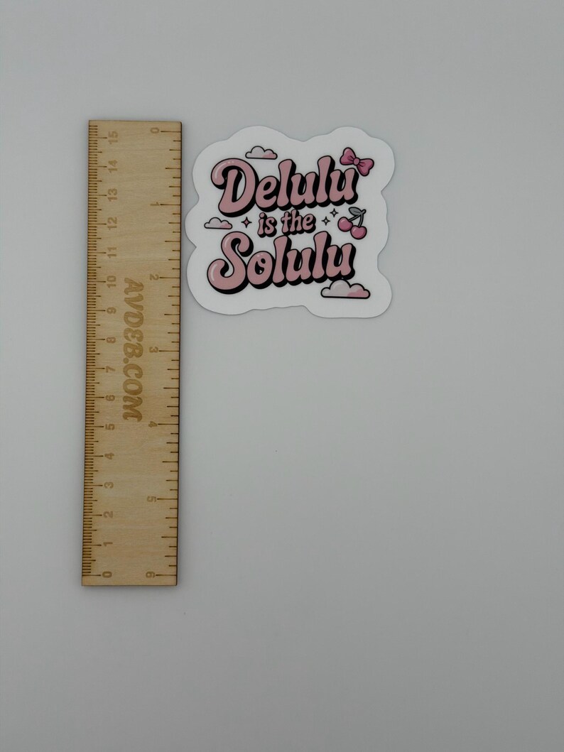 May include: A die-cut sticker featuring the pink and black text "Delulu is the Solulu" with small pink cherry and cloud illustrations. A wooden ruler is placed next to the sticker, showing it measures approximately 6.5 cm in width.