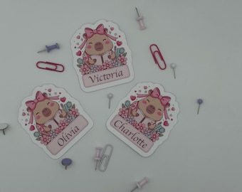 Set van 5 gepersonaliseerde naamstickers met capibara-motief.