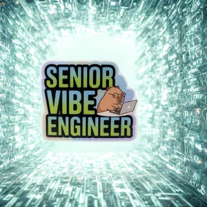 Puede incluir: Una pegatina con el texto "SENIOR VIBE ENGINEER" en verde y negro. A la derecha del texto hay un capibara de dibujos animados con gafas y trabajando en un portátil. El fondo es un túnel digital con líneas azules y blancas.