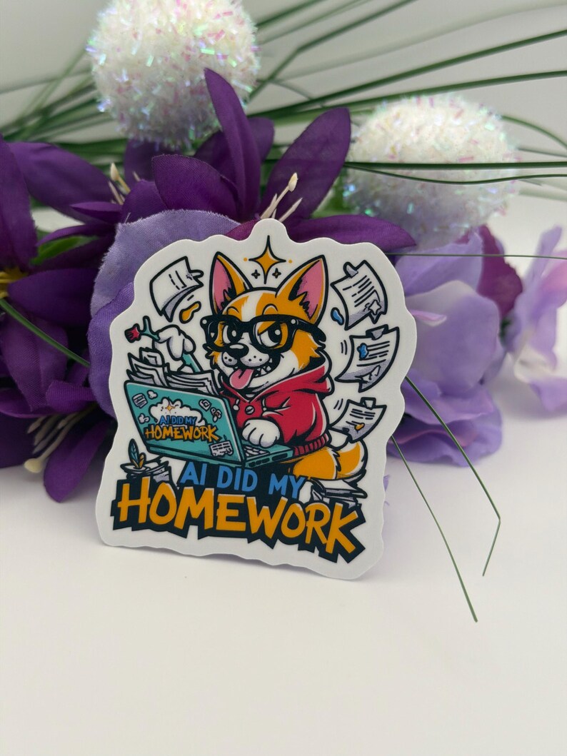 May include: A die-cut sticker featuring a cartoon corgi wearing black glasses and a red hoodie, typing on a teal laptop. The screen displays the text AI DID MY HOMEWORK, and the same phrase appears in large bold letters at the bottom.