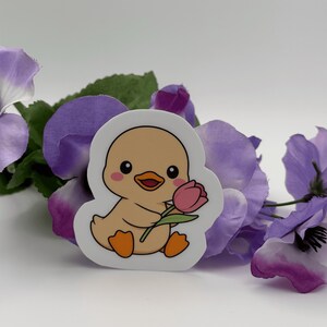 Cute Duck Vinyl Sticker with Tulip - Kawaii Baby Duck Decal