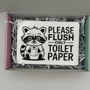 May include: A rectangular white sign with black text and a graphic of a raccoon holding a roll of toilet paper. The text reads, PLEASE FLUSH ONLY TOILET PAPER. The sign is placed inside a cardboard box filled with white crinkle paper filler.