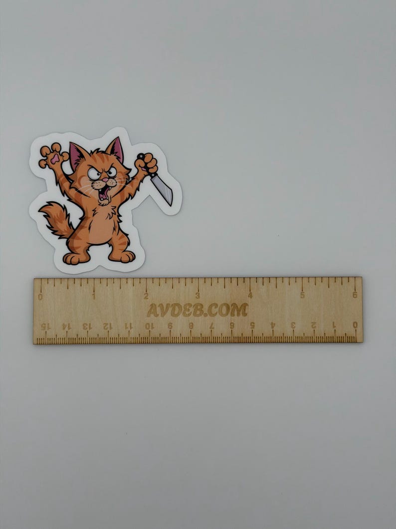 May include: A die-cut sticker featuring an orange tabby cat with an angry expression, holding a small silver knife in one paw. The sticker is positioned above a wooden ruler that measures 15 cm in length, with the text AVDEB.COM printed on it.