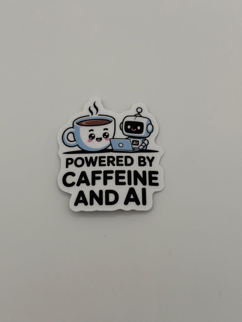 May include: A die-cut sticker featuring a cartoon illustration of a smiling coffee cup and a small robot working on a laptop. The text below the characters reads POWERED BY CAFFEINE AND AI in bold black capital letters against a white background.