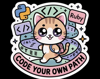 Kawaii Coding Cat Sticker | Programmer Gift | Vinyl Laptop Decal | Waterproof Cat Sticker | Code Your Own Path