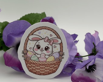 Paashaassticker | Schattig pastelkleurig konijn in mandje, waterdichte vinylsticker