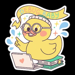 May include: A yellow cartoon duck wearing glasses and a headband, with the text "DEBUG BABY" on a banner above its head. The duck is pointing with one wing and sitting in front of a laptop and books.