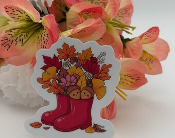 Herfstregenlaarzen sticker | Rode laarzen, eikels, bladeren | Gezellige herfst vinyl sticker