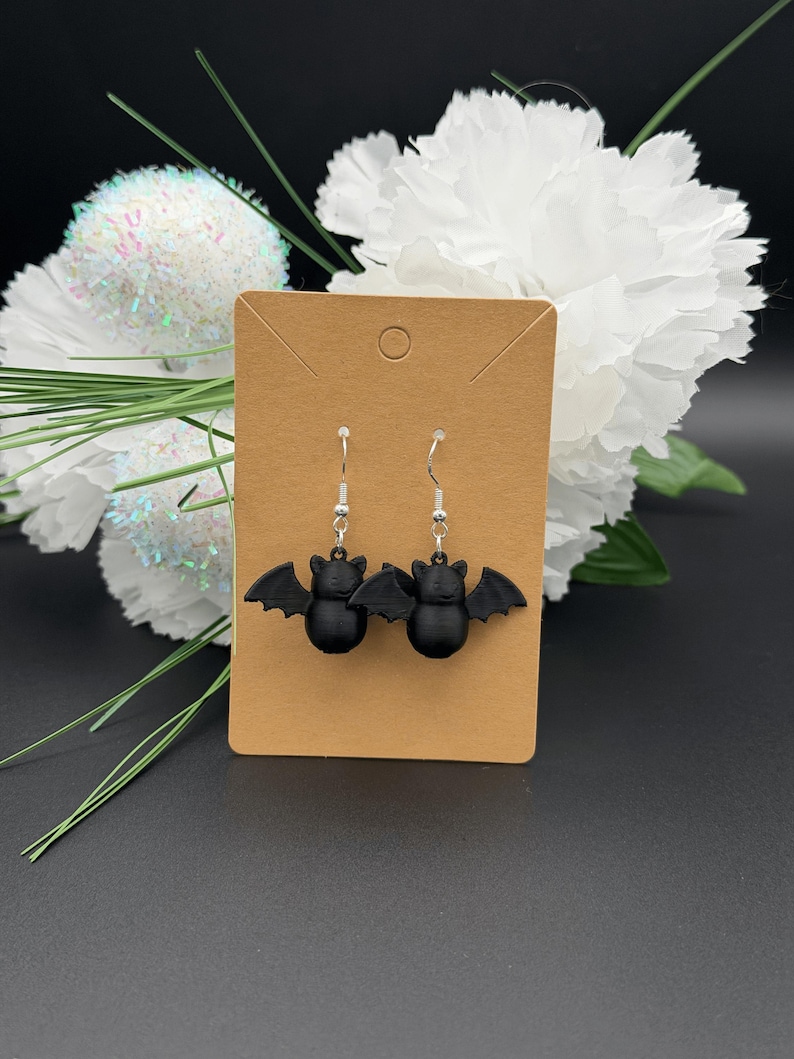 Black Bat Dangle Earrings | 3D Printed PLA Gothic Halloween Jewelry