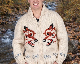 Men's Hand Knit Wool Wolf Cardigan – Vintage Canadian Cowichan Style Sweater