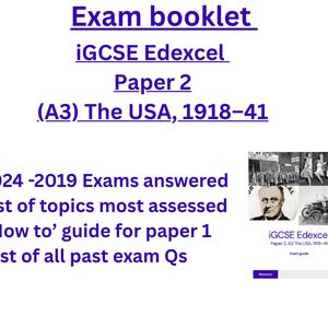 Puede incluir: Un folleto de examen blanco con el título "Exam booklet" y el texto "iGCSE Edexcel Paper 2 (A3) The USA, 1918-41." El folleto incluye una lista de temas e información del examen. Una pequeña imagen del folleto está a la derecha.
