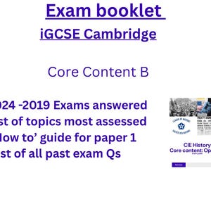 Puede incluir: Fondo blanco con el texto "Exam booklet iGCSE Cambridge Core Content B". La imagen incluye una lista de temas e información del examen. También hay una pequeña imagen de un recorte de periódico.