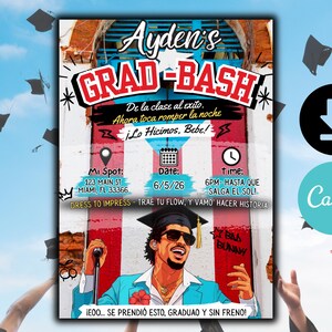 May include: A graduation party invitation with the text "Ayden's GRAD-BASH". The design features a cartoon illustration of a graduate in sunglasses holding a microphone. The invitation includes event details such as date, time, and location.