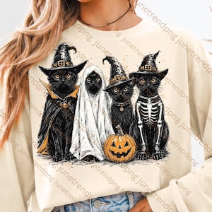 Skeleton Ghost Black Cats Png T-Shirt Design, Witch Hats, Pumpkin, Halloween Cat Shirt Design, Spooky Season Cat Mom Graphics