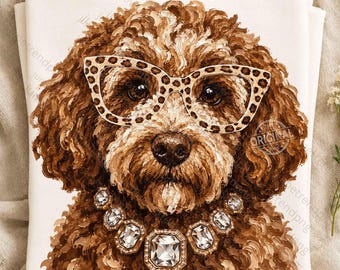 May include: A white t-shirt featuring a brown, curly-haired dog illustration. The dog wears leopard-print glasses and a statement necklace with large, clear, rectangular crystals. The artwork uses thick, textured brushstrokes for the fur.