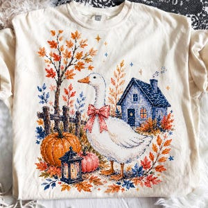 Preppy Fall Goose PNG, Retro Floral Cute Fall Graphics, 90s Vintage Autumnal Mom,  Autumn Leaves and Pumpkins Graphics