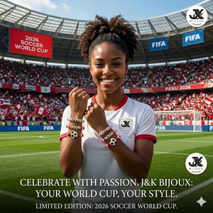 Puede incluir: Una mujer con una camiseta de fútbol blanca con ribetes rojos lleva pulseras con abalorios de balón de fútbol y cuentas blancas. El fondo muestra una multitud, pancartas de la FIFA y el texto "2026 Soccer World Cup."