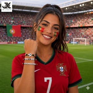 Könnte beinhalten: Eine Frau trägt ein rotes Fußballtrikot mit der Nummer 7 und einem portugiesischen Wappen. Sie trägt zwei Armbänder, eines mit einem Fußball-Charm und das andere mit den Zahlen "20 00". Der Hintergrund zeigt ein Fußballstadion mit portugiesischen Flaggen.