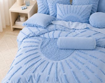 Boho Tufted Cotton Bettbezug-Set, neutrale Bauernbettwäsche, cremefarbene Elfenbein-Kissenbezüge