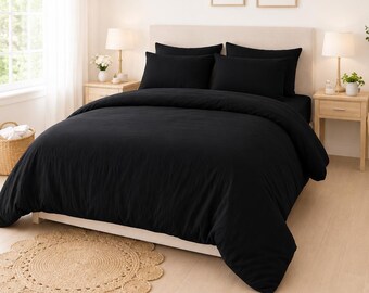 Black Washed Linen Cotton Duvet Cover Set, 3 Piece Boho Bedding