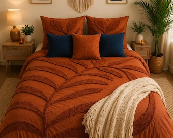 Rust Cinnamon Tufted Cotton Duvet Cover Set, Boho Bedding Quilt Comforter Cover