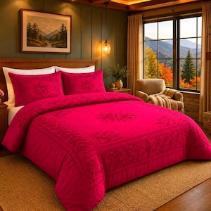 Raspberry Tufted Cotton Duvet Cover Set, Boho Textured Bedding, Farmhouse Style Quilt