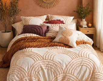 Boho Tufted Cotton Duvet Cover Set, Neutral Textured Farmhouse Bedding