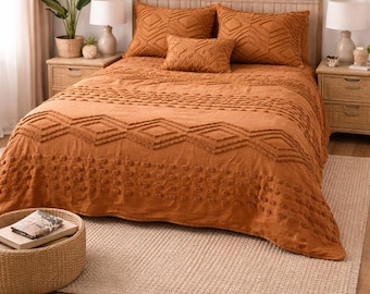 Terracotta Tufted Cotton Duvet Cover Set Boho Geometric Bedding Pillow Shams Cozy Queen Bedroom