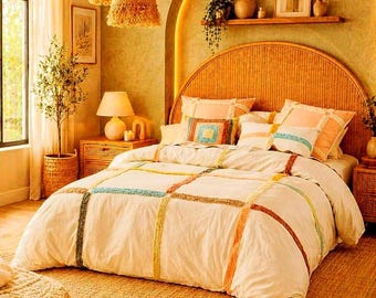 Ensemble housse de couette en coton capitonné, literie bohème crème, housse de couette 3 pièces
