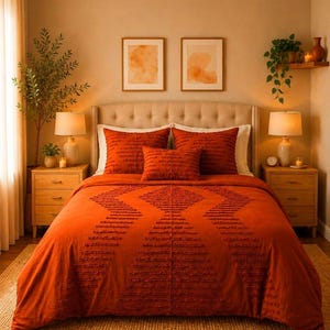 Bettwäsche-Set aus getufteter Baumwolle in Terrakotta im Boho-Stil mit geometrischen Mustern, inklusive Kissenbezügen, für ein gemütliches Queen-Size-Schlafzimmer