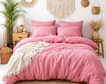 Dusty Pink Washed Linen Duvet Cover Set – Soft Breathable Boho Bedding, Natural Minimalist Home