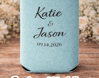 Custom Wedding Can Coolers, Personalized Cooler, Wedding Favor Koozies, Bride Groom Date, Beer Sleeve, Wedding Party Favors, Slim Can Option