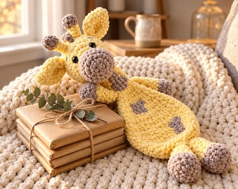 May include: A crochet giraffe lovey toy featuring a yellow body with light brown spots, a rounded snout, and small horns. The giraffe has black button eyes and is positioned next to a stack of four brown paper-wrapped books tied with twine.