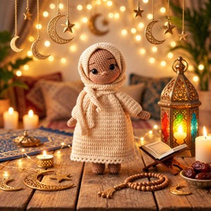 May include: A crocheted doll with dark skin, wearing a cream-colored headscarf and a matching long-sleeved dress. The doll has large dark eyes and is positioned on a wooden surface alongside a metal lantern, a small open book, and prayer beads.