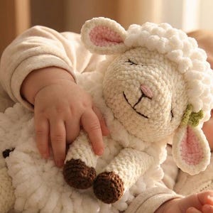 Può includere: Un morbido giocattolo a forma di agnello all'uncinetto bianco con orecchie rosa e zoccoli marroni. L'agnello è tenuto in braccio da un bambino in una tutina beige. L'agnello ha una faccia sorridente ed è sdraiato su una coperta di maglia.