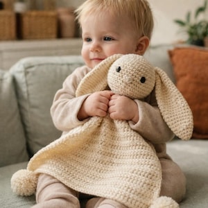 Patrón de conejito de ganchillo, manta de seguridad amigurumi en PDF, juguete reconfortante ideal para principiantes.