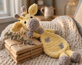 May include: A handmade, yellow crochet giraffe plush toy with gray spots, ears, and muzzle. The giraffe is lying on a cream-colored, chunky knit blanket next to a stack of wrapped brown paper books tied with twine.