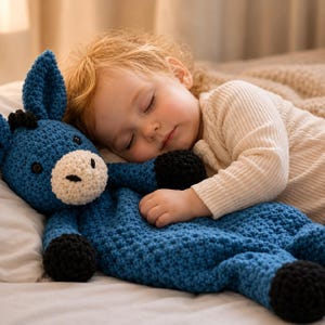 May include: A blue crocheted donkey stuffed animal with a cream-colored muzzle, black hooves, and black ears. The donkey has a textured yarn surface, small black button eyes, and a stitched black nose, crafted in a soft, plush style for comfort.