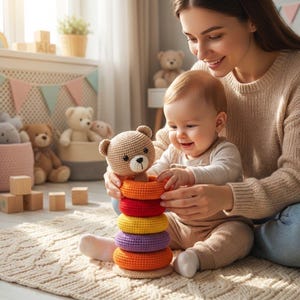 Mönster för virkade stapelleksaker, Amigurumi-björn i PDF-format, design av babyring-stapelleksaker, Montessorileksak, nybörjarvänlig