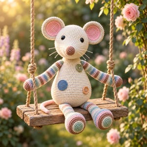 Könnte beinhalten: Ein gehäkeltes Maus-Spielzeug mit cremefarbenem Körper, rosa Ohreninnenseiten und langen Gliedmaßen mit horizontalen Streifen in Pastellblau, Rosa und Braun. Die Maus hat schwarze Perlenaugen, eine braune Nase und zwei runde Knöpfe am Rumpf.