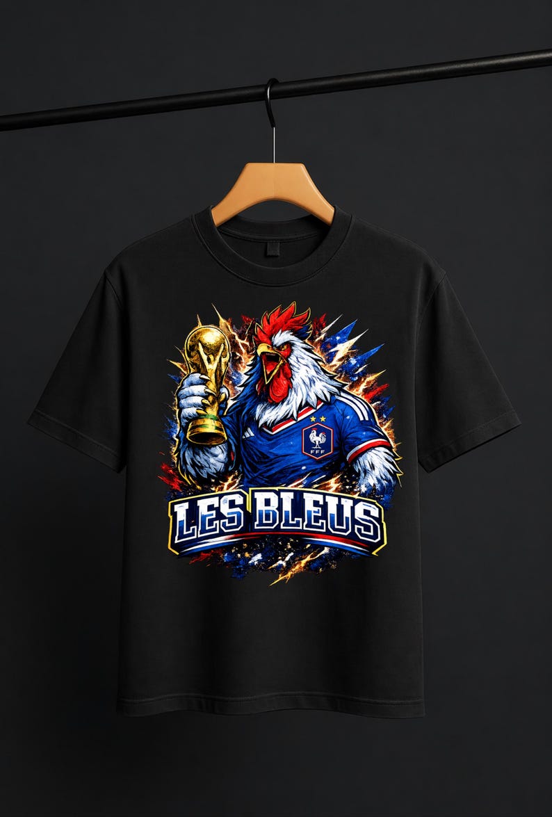May include: Black t-shirt featuring a rooster in a French soccer jersey holding a gold trophy. The rooster has red, white, and blue accents. The text "LES BLEUS" is displayed in white and yellow.