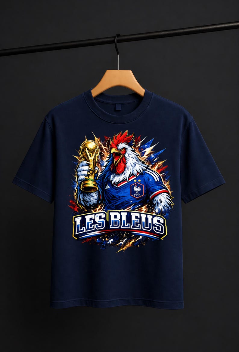 May include: Navy blue t-shirt featuring a rooster holding a gold trophy. The rooster is wearing a blue jersey with the French flag and the text "LES BLEUS". The design includes red, white, and blue accents.