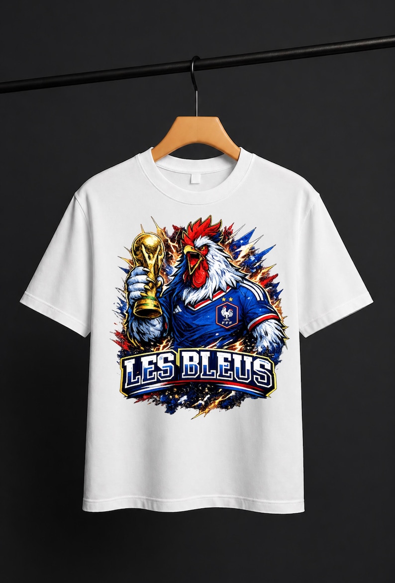 May include: White t-shirt featuring a rooster in a blue jersey holding a gold trophy. The rooster is surrounded by red, white, and blue accents, with the text "LES BLEUS" below.